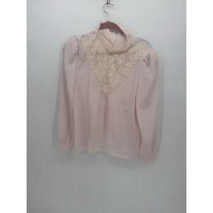 Vintage Blouse Gailord High Neck Victorian Oriental Embroidery Light Pink Size S